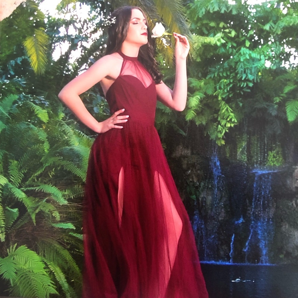 FASHION NOVA wine tulle double slit maxi dress